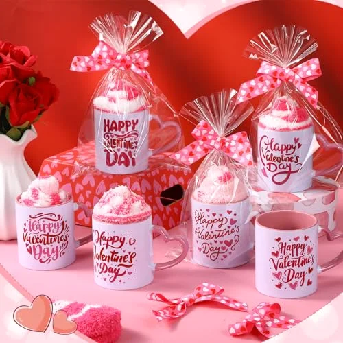 Valentines Day Mug Gift Set Include Valentines Coffee Mugs Fuzzy Socks Gift Bags and Ribbons DIY Mug Gift for Women Birthday Anniversary Wedding (non-microwavable)