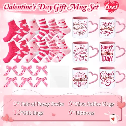 Valentines Day Mug Gift Set Include Valentines Coffee Mugs Fuzzy Socks Gift Bags and Ribbons DIY Mug Gift for Women Birthday Anniversary Wedding (non-microwavable) view 3