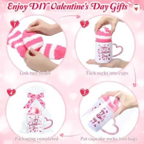 Valentines Day Mug Gift Set Include Valentines Coffee Mugs Fuzzy Socks Gift Bags and Ribbons DIY Mug Gift for Women Birthday Anniversary Wedding (non-microwavable) view 4
