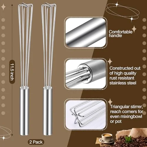 Espresso Whisk Tool 10.6" Long Handle Mini Whisk for Coffee Stirring Stainless Steel Triangular Design Fit Coffee Chocolate Milk, Mixing Tool for Commercial Home Use view 2