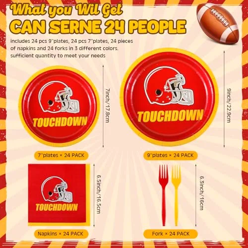 Football Party Supplies Kit Serve 24, Disposable Plates Napkins and Forks for Football Birthday Fans Game Day Tailgate Team Party Decorations() view 2