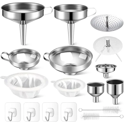Stainless Steel Funnel Set Wide Mouth Canning Funnels Metal Mason Jar Funnel with Strainer Kitchen Funnels for Filling Mason Jars Mesh Filter Brushes and Adhesive Hooks