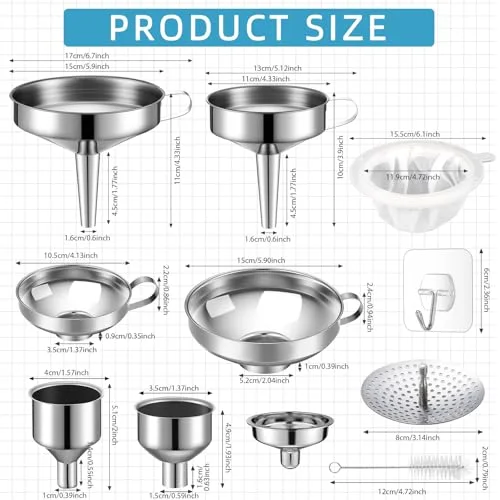 Stainless Steel Funnel Set Wide Mouth Canning Funnels Metal Mason Jar Funnel with Strainer Kitchen Funnels for Filling Mason Jars Mesh Filter Brushes and Adhesive Hooks view 2