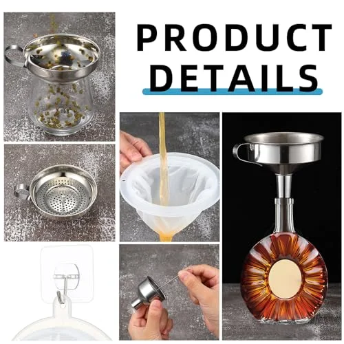 Stainless Steel Funnel Set Wide Mouth Canning Funnels Metal Mason Jar Funnel with Strainer Kitchen Funnels for Filling Mason Jars Mesh Filter Brushes and Adhesive Hooks view 3