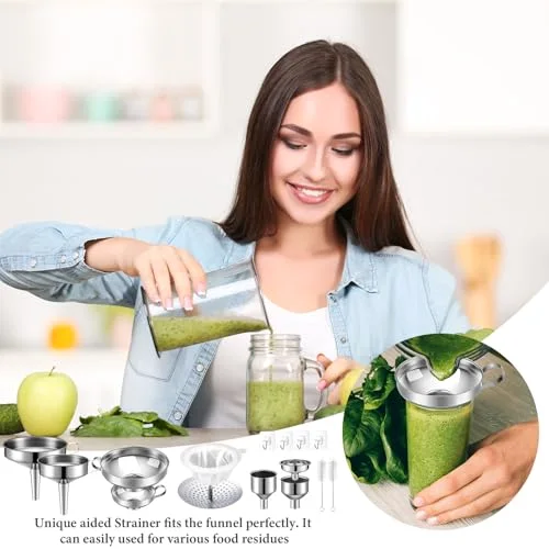 Stainless Steel Funnel Set Wide Mouth Canning Funnels Metal Mason Jar Funnel with Strainer Kitchen Funnels for Filling Mason Jars Mesh Filter Brushes and Adhesive Hooks view 4