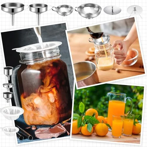 Stainless Steel Funnel Set Wide Mouth Canning Funnels Metal Mason Jar Funnel with Strainer Kitchen Funnels for Filling Mason Jars Mesh Filter Brushes and Adhesive Hooks view 5
