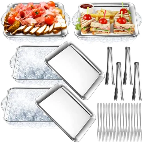 9" Chilled Serving Tray for Parties with Compartments Ice Chilled Party Platter Charcuterie Serving Board Cold Dish Dip with Forks Tongs for Fruit Seafood Vegetable Appetizer()
