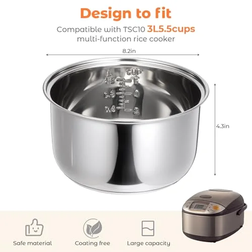 304 Stainless Steel Inner Pot Compatible with Zojirushi NS-TSC10 and Tiger JBV-A10U Rice Multi-cooker (5.5 Cups) Inner Bowl Replacement Pot Rice Cooker Stainless Steel view 2
