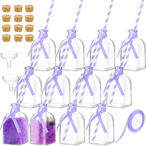 Glass Bottles with Cork and Straw Mini Empty Glass Bottle for Drinks Reusable Liquor Bottles with Silk Ribbon and Funnels for Cocktail, Wedding Party() view 6