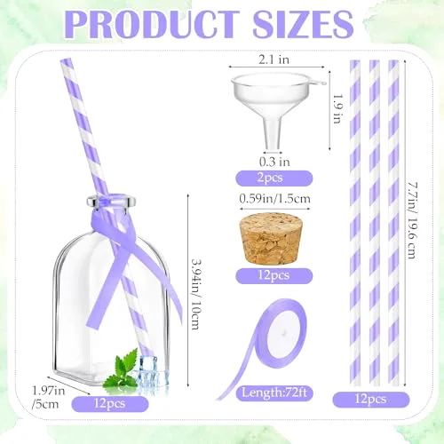 Glass Bottles with Cork and Straw Mini Empty Glass Bottle for Drinks Reusable Liquor Bottles with Silk Ribbon and Funnels for Cocktail, Wedding Party() view 7