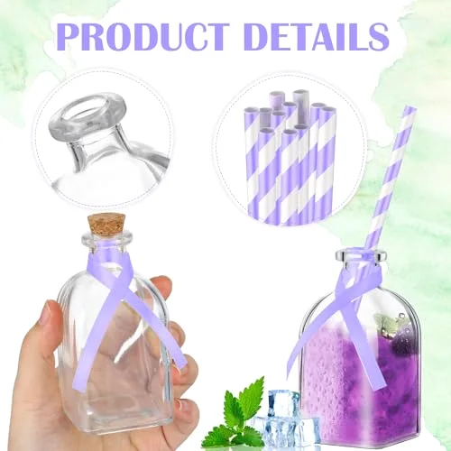 Glass Bottles with Cork and Straw Mini Empty Glass Bottle for Drinks Reusable Liquor Bottles with Silk Ribbon and Funnels for Cocktail, Wedding Party() view 8