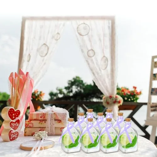 Glass Bottles with Cork and Straw Mini Empty Glass Bottle for Drinks Reusable Liquor Bottles with Silk Ribbon and Funnels for Cocktail, Wedding Party() view 9