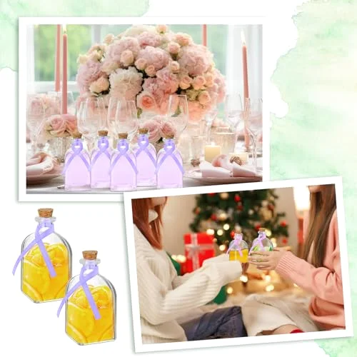 Glass Bottles with Cork and Straw Mini Empty Glass Bottle for Drinks Reusable Liquor Bottles with Silk Ribbon and Funnels for Cocktail, Wedding Party() view 10
