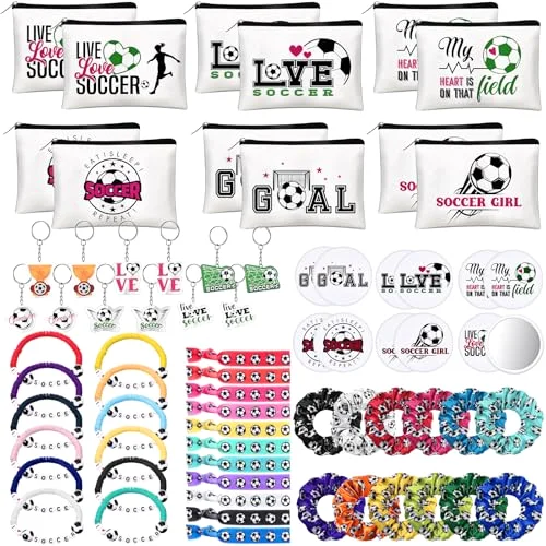 Soccer Accessories Gifts Include 12 Make up Bags 12 Mirrors 12 Acrylic Keychains 12 Bracelet 12 Scrunchies 12 Hair Ties Team Gifts for Soccer Party Favor () view 6