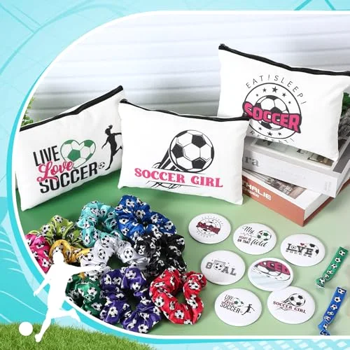 Soccer Accessories Gifts Include 12 Make up Bags 12 Mirrors 12 Acrylic Keychains 12 Bracelet 12 Scrunchies 12 Hair Ties Team Gifts for Soccer Party Favor () view 7