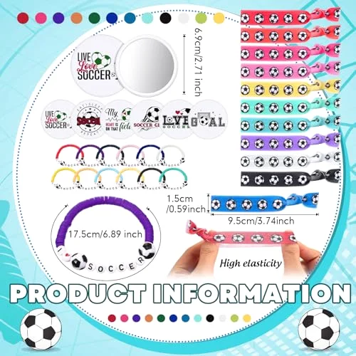 Soccer Accessories Gifts Include 12 Make up Bags 12 Mirrors 12 Acrylic Keychains 12 Bracelet 12 Scrunchies 12 Hair Ties Team Gifts for Soccer Party Favor () view 8