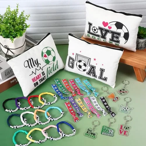 Soccer Accessories Gifts Include 12 Make up Bags 12 Mirrors 12 Acrylic Keychains 12 Bracelet 12 Scrunchies 12 Hair Ties Team Gifts for Soccer Party Favor () view 9