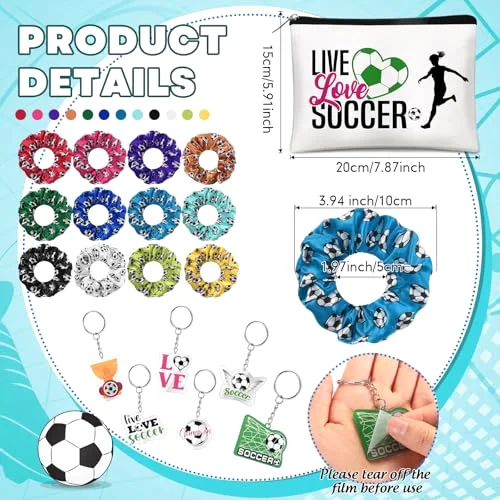 Soccer Accessories Gifts Include 12 Make up Bags 12 Mirrors 12 Acrylic Keychains 12 Bracelet 12 Scrunchies 12 Hair Ties Team Gifts for Soccer Party Favor () view 10