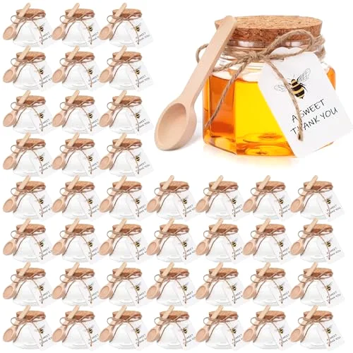Mini Hexagon Honey Jars with Spoon, Empty Plastic Honey Jars with Wooden Spoons Thank You Tag Cork Cap and Rope for Wedding Favors Baby Shower Party Guests Gifts Cork Cap