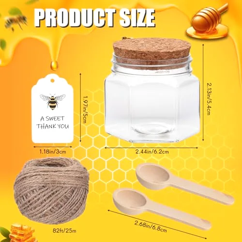Mini Hexagon Honey Jars with Spoon, Empty Plastic Honey Jars with Wooden Spoons Thank You Tag Cork Cap and Rope for Wedding Favors Baby Shower Party Guests Gifts Cork Cap view 2