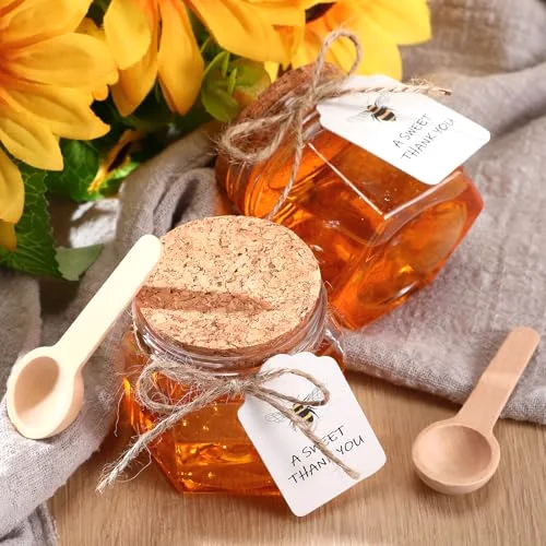 Mini Hexagon Honey Jars with Spoon, Empty Plastic Honey Jars with Wooden Spoons Thank You Tag Cork Cap and Rope for Wedding Favors Baby Shower Party Guests Gifts Cork Cap view 3