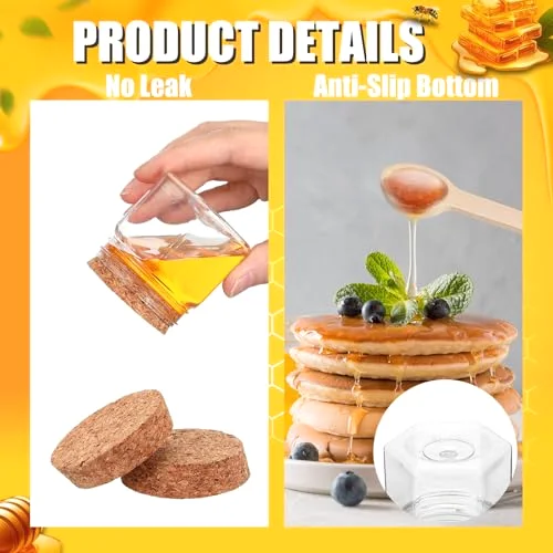 Mini Hexagon Honey Jars with Spoon, Empty Plastic Honey Jars with Wooden Spoons Thank You Tag Cork Cap and Rope for Wedding Favors Baby Shower Party Guests Gifts Cork Cap view 5