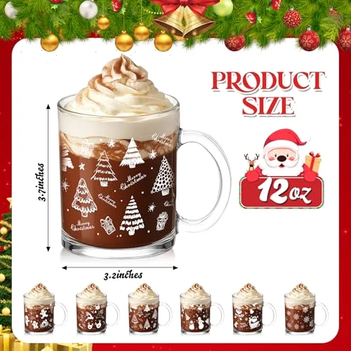 Christmas Glass Mugs Set Christmas Coffee Mugs with Handle Snowman Snowflake Coffee Cup Xmas Tree Santa Claus Cup for Hot Chocolate Women Men Gift (Xmas) view 7