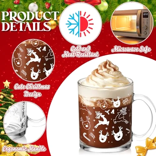 Christmas Glass Mugs Set Christmas Coffee Mugs with Handle Snowman Snowflake Coffee Cup Xmas Tree Santa Claus Cup for Hot Chocolate Women Men Gift (Xmas) view 9