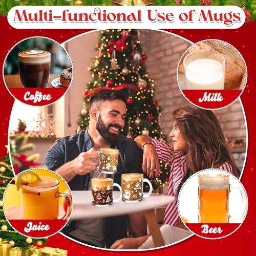 Christmas Glass Mugs Set Christmas Coffee Mugs with Handle Snowman Snowflake Coffee Cup Xmas Tree Santa Claus Cup for Hot Chocolate Women Men Gift (Xmas) view 10