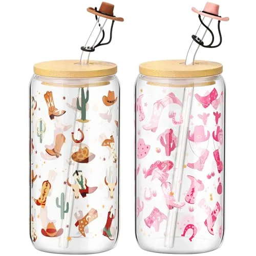 Western Cowgirl Glass Cups with Bamboo Lid