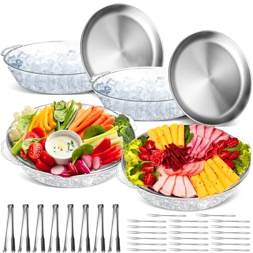 11.8" Chilled Serving Tray for Parties Round Iced Platter with Ice Underneath Stainless Steel Clip Fruit Fork Shrimp Cocktail Serving Dish for Oysters Crawfish Fruits (Original)