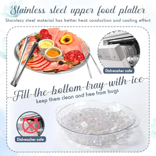 11.8" Chilled Serving Tray for Parties Round Iced Platter with Ice Underneath Stainless Steel Clip Fruit Fork Shrimp Cocktail Serving Dish for Oysters Crawfish Fruits (Original) view 3