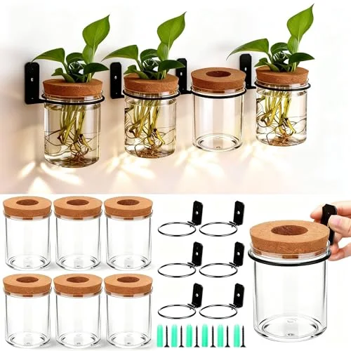 Wall Plant Holder with Plastic Propagation Vases Hanging Planter Wall Mounted Set for Plants Growing in Water Hydroponic Artificial Plants Indoor Decor (3.54" X 4.33",Stylish)