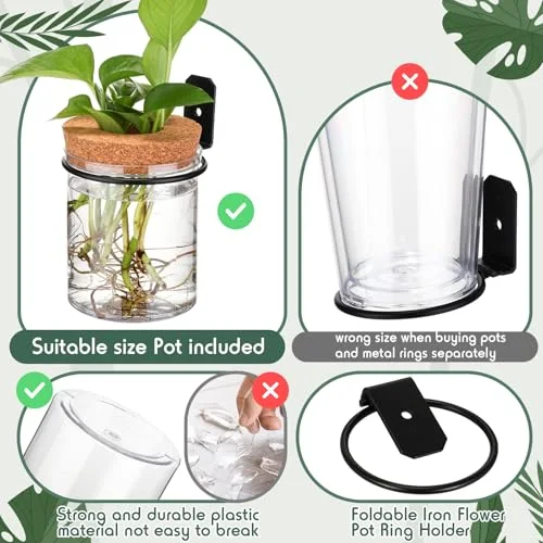 Wall Plant Holder with Plastic Propagation Vases Hanging Planter Wall Mounted Set for Plants Growing in Water Hydroponic Artificial Plants Indoor Decor (3.54" X 4.33",Stylish) view 5