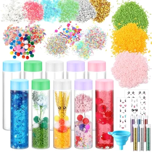 Sensory Bottles Kits Valentine's Day Party Supplies Empty Plastic Bottles Funnel Rice Stars Sequins Clay Slices Stickers Glitter Powder Colo Foam Balls for DIY Art Fun Crafts