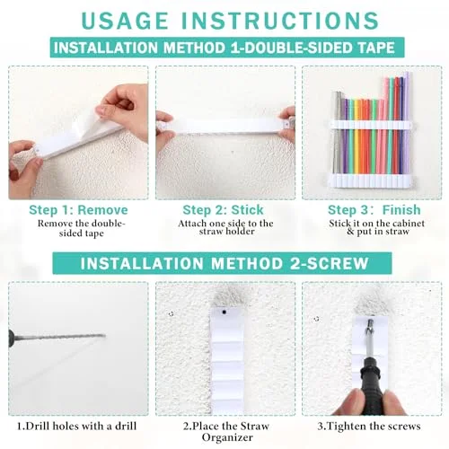 Straw Holder for Cabinet Reusable Straw Organizer with Double Sided Adhesive Tape Screws Storage Container for Kitchen Counter Cupboard(,Classic) view 7