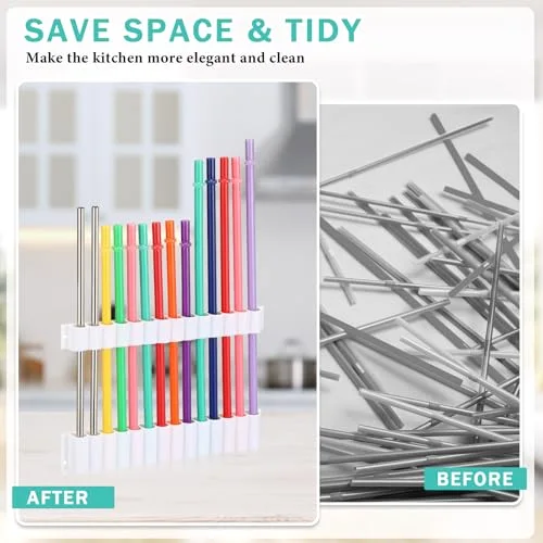 Straw Holder for Cabinet Reusable Straw Organizer with Double Sided Adhesive Tape Screws Storage Container for Kitchen Counter Cupboard(,Classic) view 9