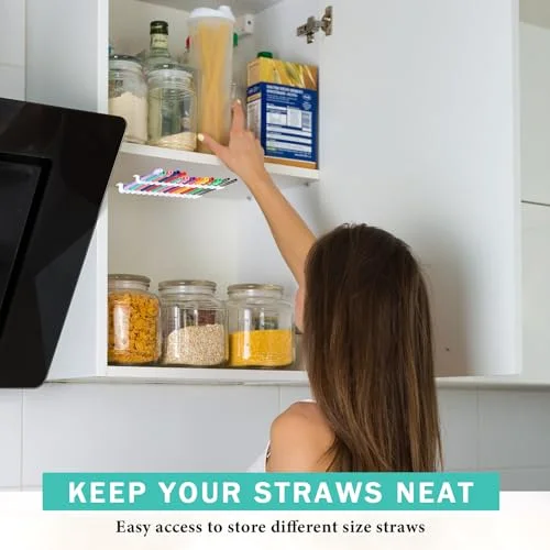 Straw Holder for Cabinet Reusable Straw Organizer with Double Sided Adhesive Tape Screws Storage Container for Kitchen Counter Cupboard(,Classic) view 10