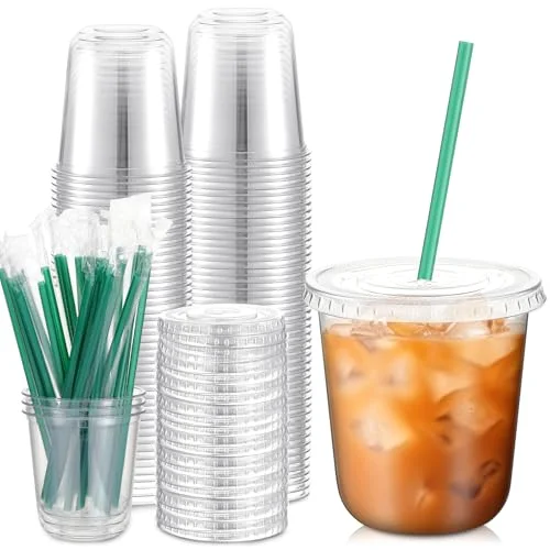 Plastic Cups with Lids and Straws Disposable Plastic Iced Coffee Cups for Cold Beverage Juice Smoothie Coffee and Party Catering ()