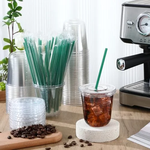Plastic Cups with Lids and Straws Disposable Plastic Iced Coffee Cups for Cold Beverage Juice Smoothie Coffee and Party Catering () view 2