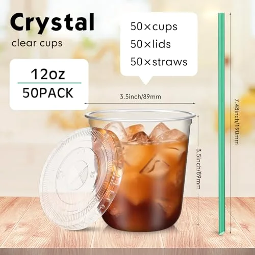 Plastic Cups with Lids and Straws Disposable Plastic Iced Coffee Cups for Cold Beverage Juice Smoothie Coffee and Party Catering () view 3