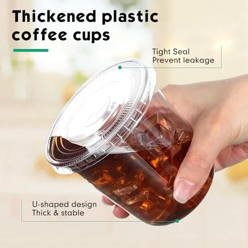 Plastic Cups with Lids and Straws Disposable Plastic Iced Coffee Cups for Cold Beverage Juice Smoothie Coffee and Party Catering () view 4