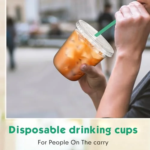 Plastic Cups with Lids and Straws Disposable Plastic Iced Coffee Cups for Cold Beverage Juice Smoothie Coffee and Party Catering () view 5