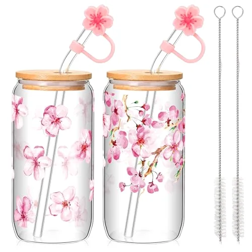 Cherry Blossom Glass Cup Aesthetic Sakura Coffee Cup with Bamboo Lid Straw Cleaning Brush and Flowers Straw Cover Cap for Mother's Day Wedding Birthday Gift(Frosted Style) view 6