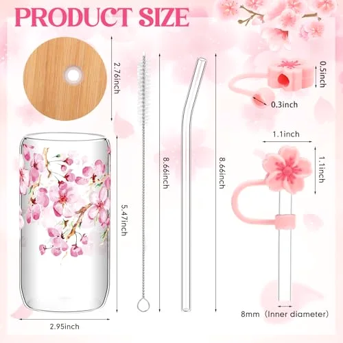 Cherry Blossom Glass Cup Aesthetic Sakura Coffee Cup with Bamboo Lid Straw Cleaning Brush and Flowers Straw Cover Cap for Mother's Day Wedding Birthday Gift(Frosted Style) view 7