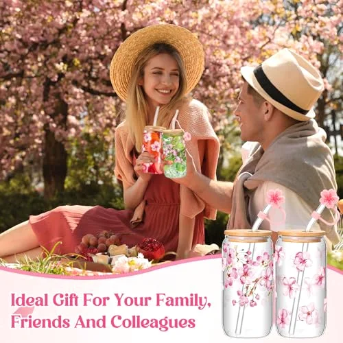 Cherry Blossom Glass Cup Aesthetic Sakura Coffee Cup with Bamboo Lid Straw Cleaning Brush and Flowers Straw Cover Cap for Mother's Day Wedding Birthday Gift(Frosted Style) view 10