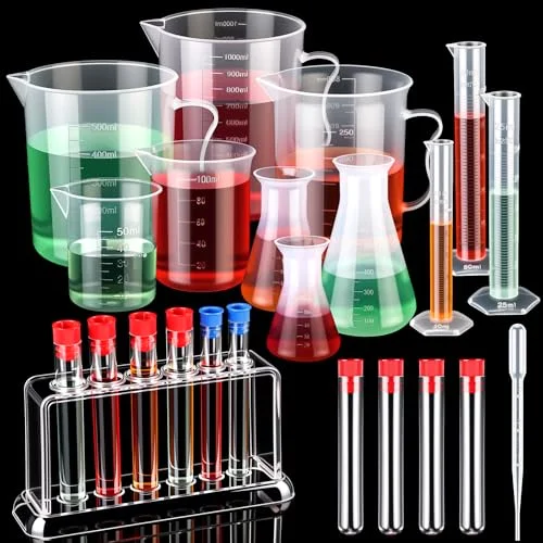 Beakers and Test Tubes Set Including 3 Graduated Cylinder 5 Plastic Beakers 3 Erlenmeyer Flask 10 Droppers 6 Plastic Test Tubes with Rack for Home Science Lab Party DIY
