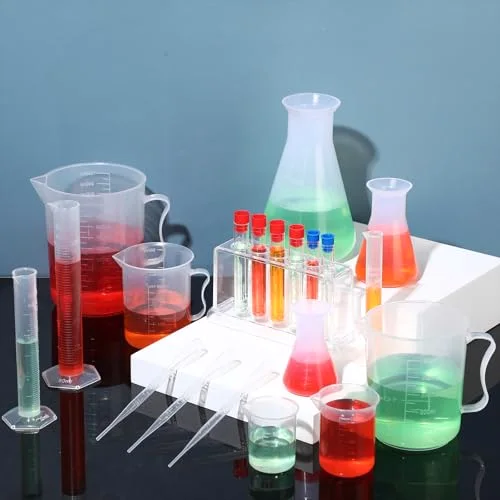 Beakers and Test Tubes Set Including 3 Graduated Cylinder 5 Plastic Beakers 3 Erlenmeyer Flask 10 Droppers 6 Plastic Test Tubes with Rack for Home Science Lab Party DIY view 5