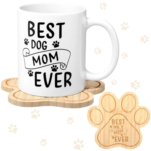 Best Dog Mom Ever Mug with Bamboo Coasters Dog Mom Mothers Day Gifts for Women Paw Puppy Coffee Cup Birthday Gifts for Pet Animal Lovers(Dogmom)
