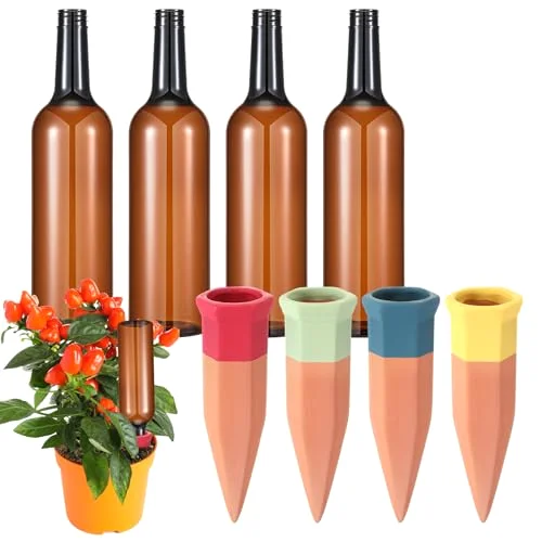 Plant Watering Devices, Terracotta Watering Spikes with Plastic Wine Bottles, Slow Release Vacation Insert Automatic Plant Waterer Devices for Indoor Outdoor